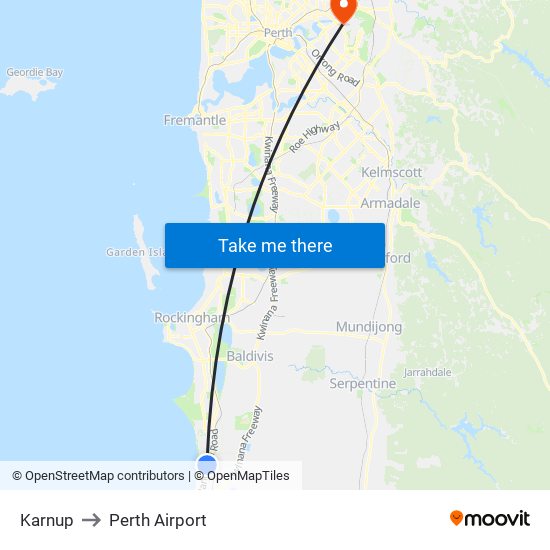 Karnup to Perth Airport map