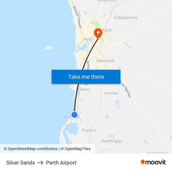 Silver Sands to Perth Airport map