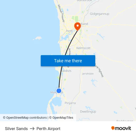 Silver Sands to Perth Airport map