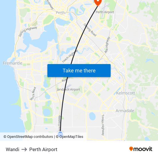 Wandi to Perth Airport map
