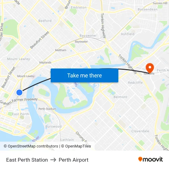 East Perth Station to Perth Airport map