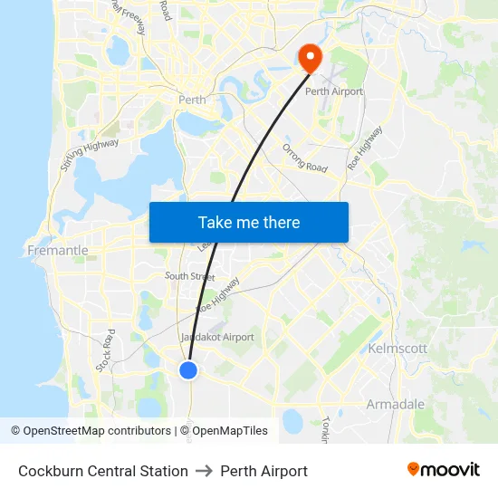 Cockburn Central Station to Perth Airport map