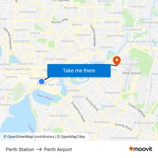 Perth Station to Perth Airport map