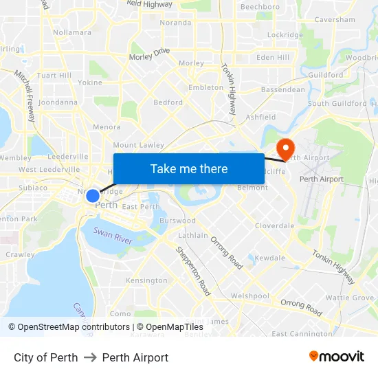 City of Perth to Perth Airport map