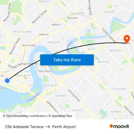 256 Adelaide Terrace to Perth Airport map