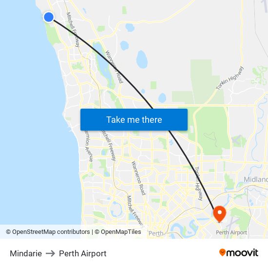 Mindarie to Perth Airport map