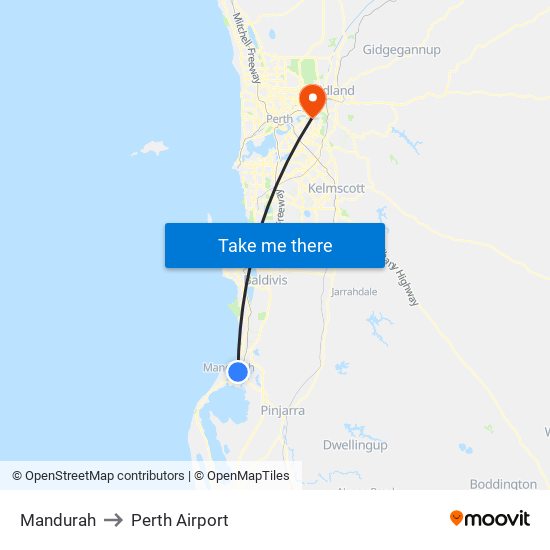 Mandurah to Perth Airport map