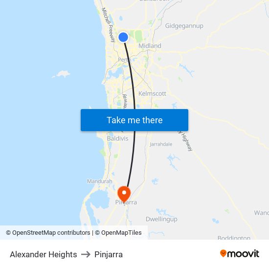 Alexander Heights to Pinjarra map