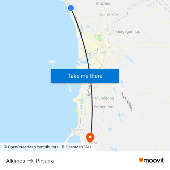 Alkimos to Pinjarra map
