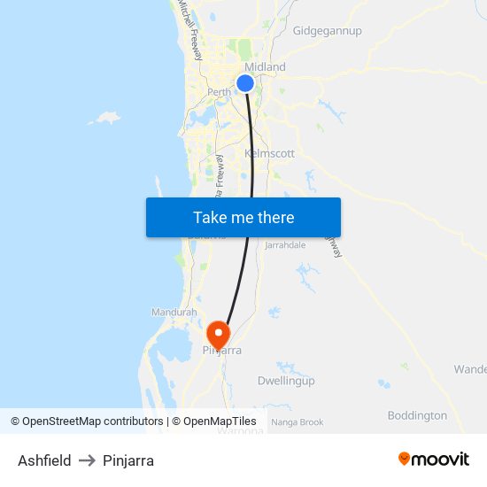 Ashfield to Pinjarra map