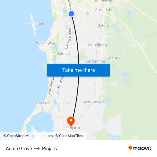 Aubin Grove to Pinjarra map