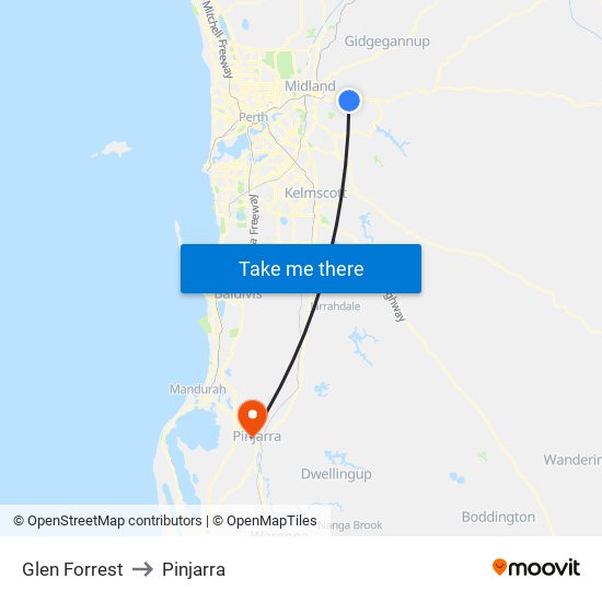 Glen Forrest to Pinjarra map
