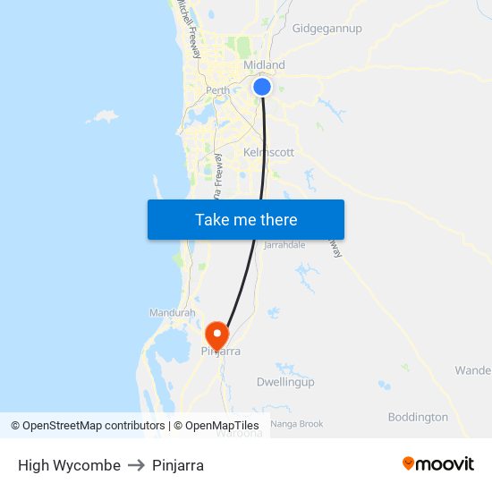 High Wycombe to Pinjarra map