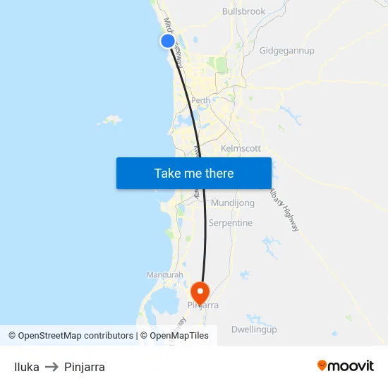 Iluka to Pinjarra map