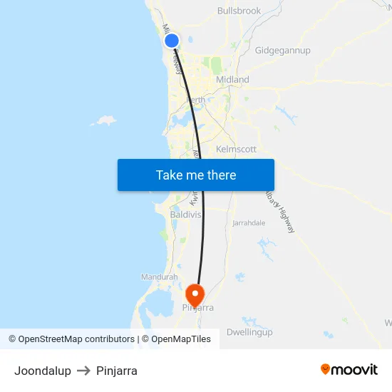 Joondalup to Pinjarra map