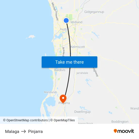 Malaga to Pinjarra map