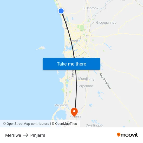 Merriwa to Pinjarra map