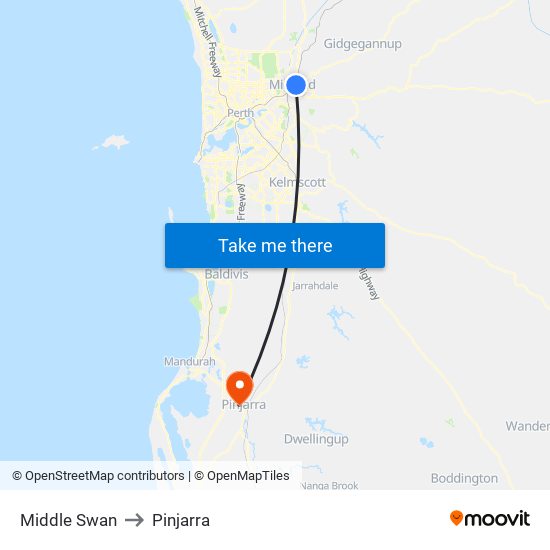 Middle Swan to Pinjarra map