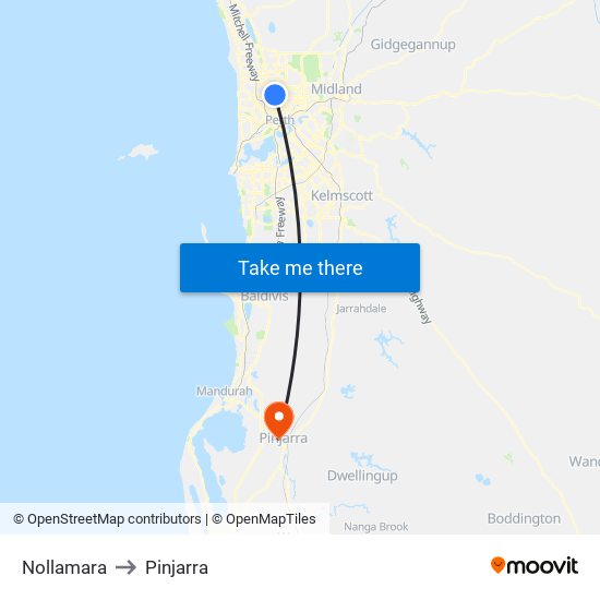 Nollamara to Pinjarra map