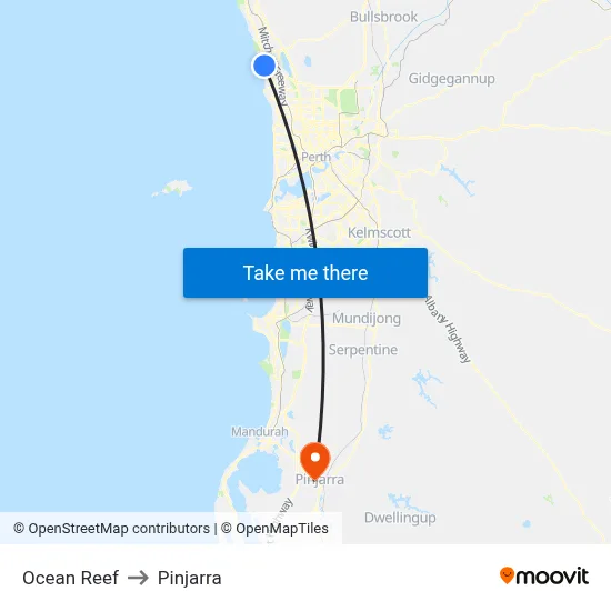 Ocean Reef to Pinjarra map