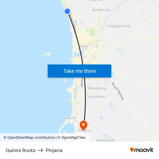 Quinns Rocks to Pinjarra map