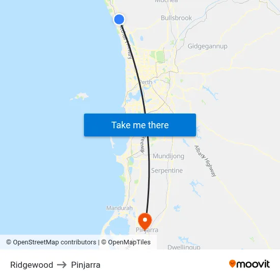 Ridgewood to Pinjarra map