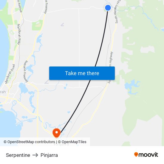 Serpentine to Pinjarra map