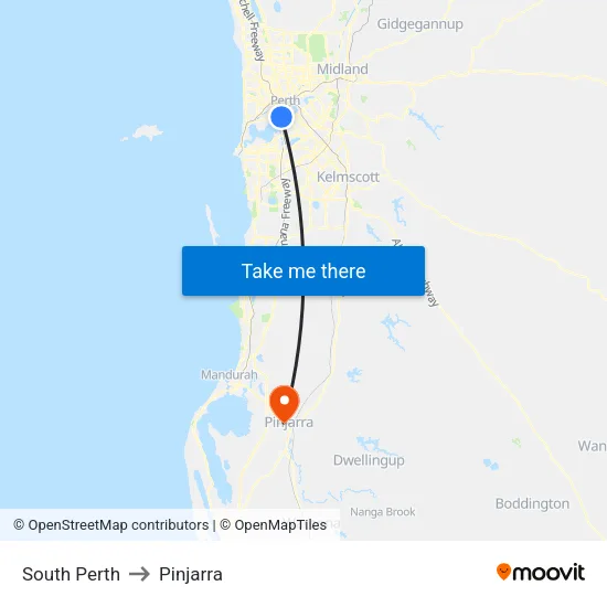 South Perth to Pinjarra map