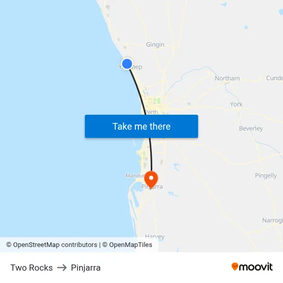Two Rocks to Pinjarra map
