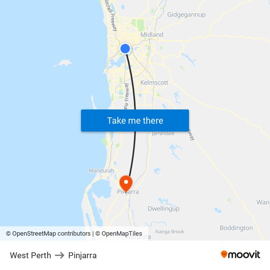 West Perth to Pinjarra map