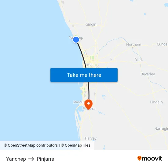 Yanchep to Pinjarra map