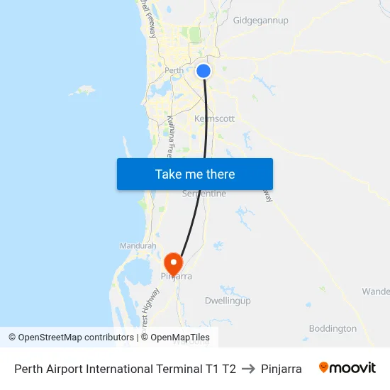 Perth Airport International Terminal T1 T2 to Pinjarra map