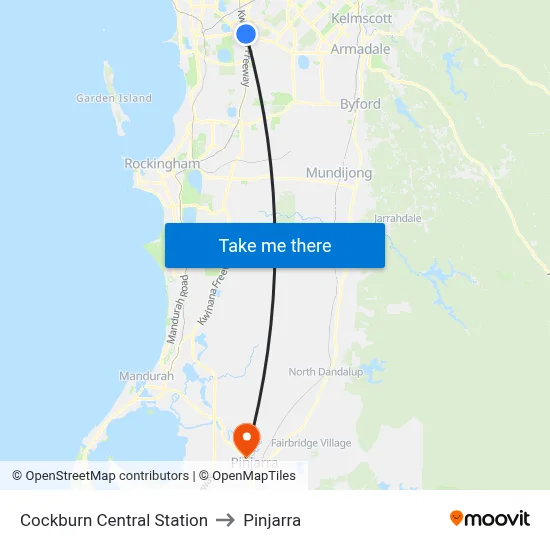 Cockburn Central Station to Pinjarra map