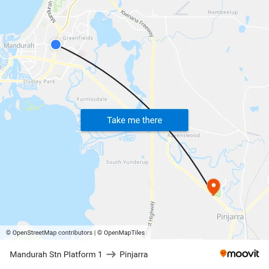 Mandurah Stn Platform 1 to Pinjarra map