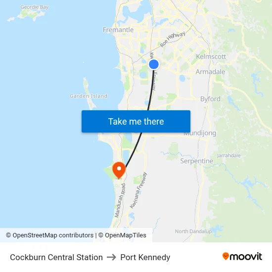 Cockburn Central Station to Port Kennedy map