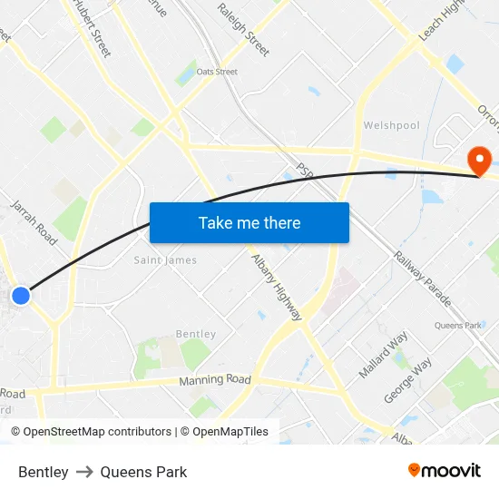 Bentley to Queens Park map