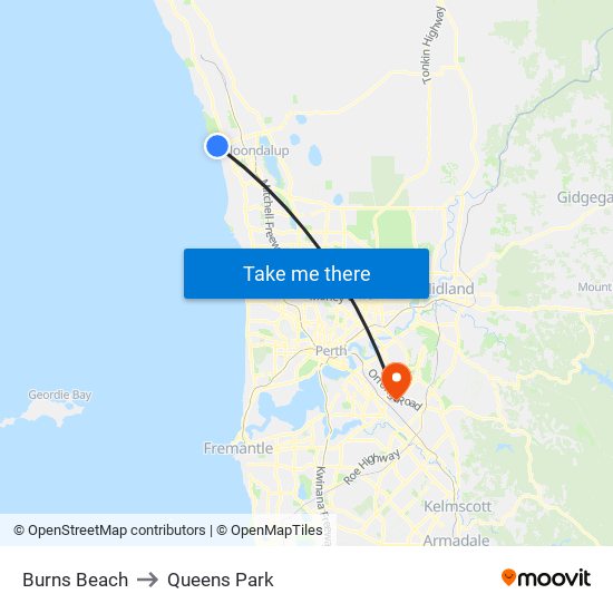 Burns Beach to Queens Park map