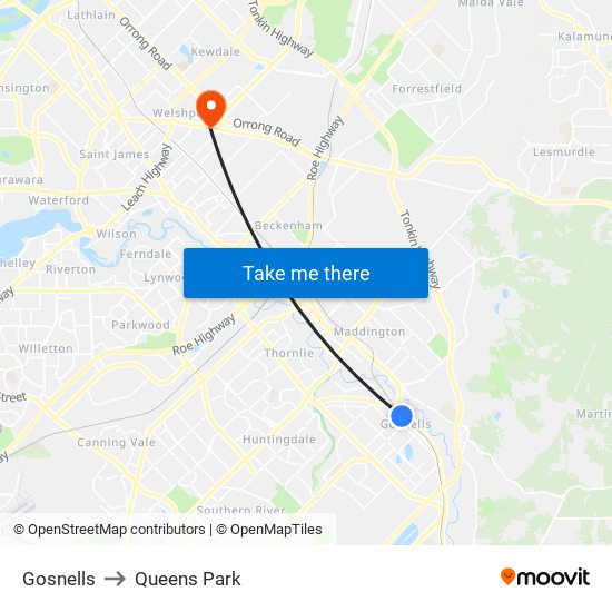 Gosnells to Queens Park map