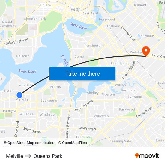 Melville to Queens Park map