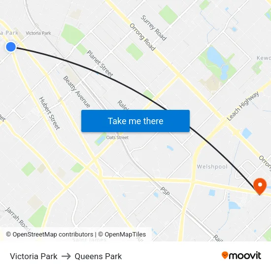 Victoria Park to Queens Park map