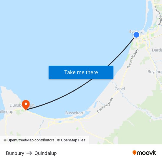 Bunbury to Quindalup map