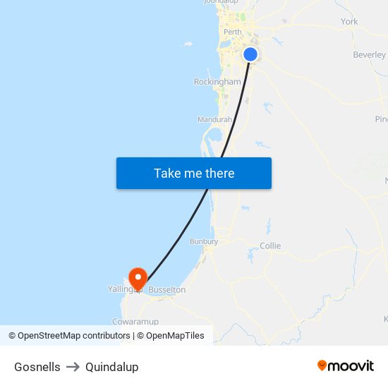 Gosnells to Quindalup map