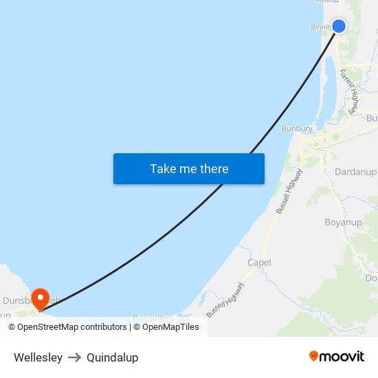 Wellesley to Quindalup map