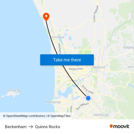 Beckenham to Quinns Rocks map