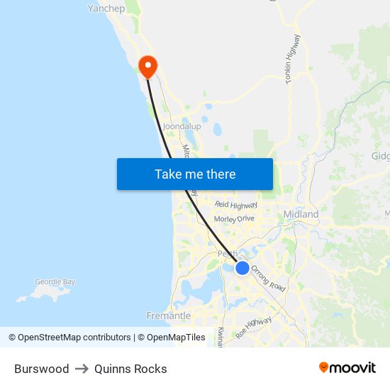 Burswood to Quinns Rocks map