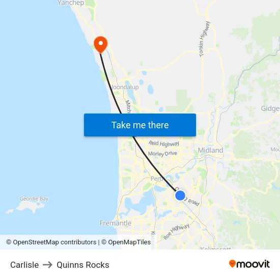 Carlisle to Quinns Rocks map