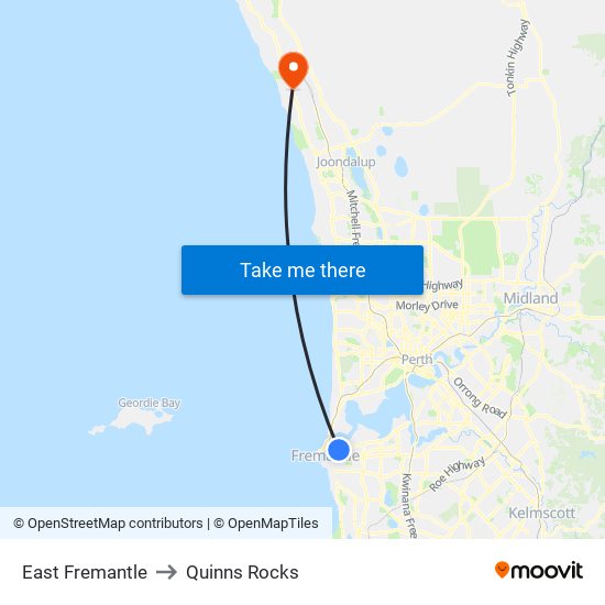 East Fremantle to Quinns Rocks map