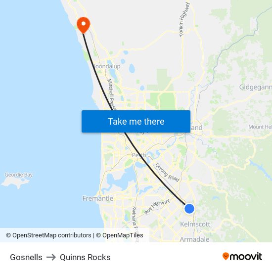 Gosnells to Quinns Rocks map