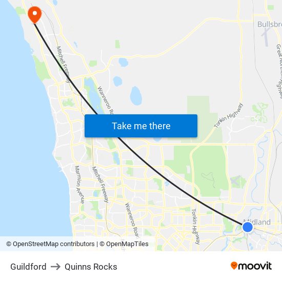 Guildford to Quinns Rocks map