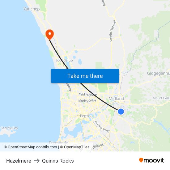 Hazelmere to Quinns Rocks map